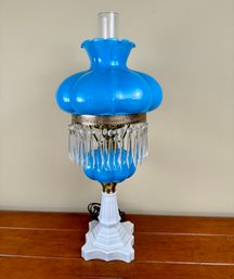 Fenton Blue Melon Milk Glass White Base Table Hurricane Lamp