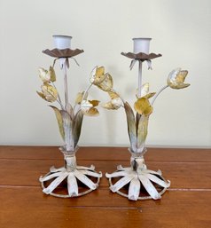 Pair Of Vintage French Toleware Beige Candlesticks With Yellow Flowers