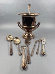 Lot Of Silver Plate Serving Utensils & Champagne Bucket