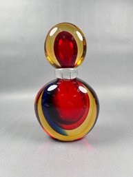 Murano Red, Blue And Yellow Glass Sommerso Perfume Bottle - Signed Luigi Onesto And Label