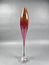 Signed Hand Blown Studio Art Glass Pulled Feather Design Vase