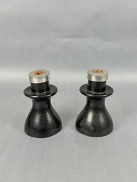 Pair Of Vintage Back Ceramic Candle Holders