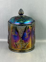 Vintage Large Blue Covered Carnival Glass Harvest Grape Indiana Glass