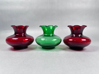 Group Of 3 Vintage Low Vases - 2 Ruby, 1 Green
