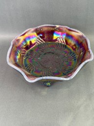 Fenton Blue Peacock Carnival Fantail Butterfly And Berry Footed Bowl With Ruffled Edge