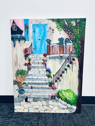 Original Canvas Painting Features A Charming Mediterranean-style Stone Stairway And Wall