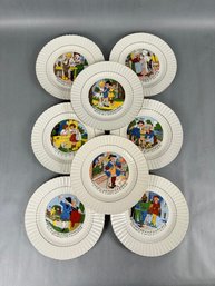 Vintage Set Of 8 Sarreguemines 7 5/8' Gold Trim Plates Nursery Rhymes
