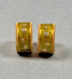 Wellendorff 18k Gold And Olive Enamel Earrings With Diamond