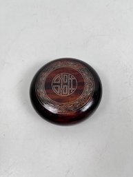 Vintage Asian Wood Seal Box With Double Happiness Inlay And Red Stamp Pad.