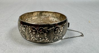 Sterling Silver Engraved Cuff Bracelet With Safety Chain