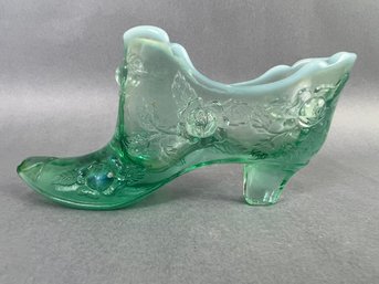 Vintage  Fenton  Cabbage Rose Pattern Glass Slipper Opalescent SEA FOAM GREEN