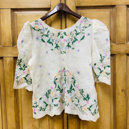 Linen Colorful Floral Painted Embroidered Design Back Button Shirt