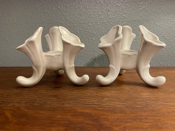 Pair Of Vintage Empire Ware White Triple Horn Vase & Candle Holder - England