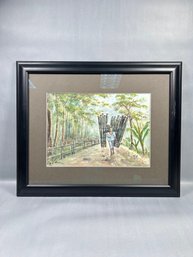 Original Signed Watercolor - Woman Carrying Wood