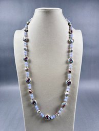 Hand Painted Porcelain And Natural Light Blue Stone Beaded Slip On Necklace