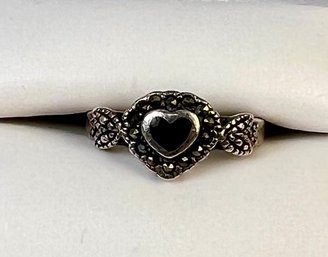 Sterling Silver Heart Shaped Ring Possibly Onyx.
