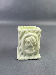 Uranium Milk Glass Victorian Lady Cameo Toothpick Holder