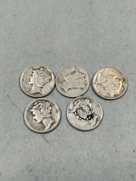 Lot Of 5 US Silver Mercury Dimes