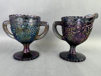 Blue/gray Harvest Grapes Iridescent Carnival Glass Cream And Sugar Set