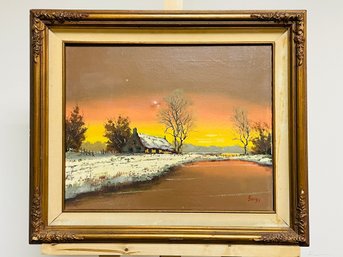 Original Painting - Winter Barn, Signed Burgy