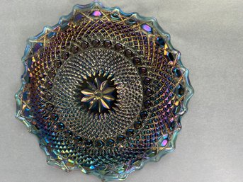 Blue/Gray Indiana Glass Iridescent Carnival Glass Small Dish With Ruffled Edges