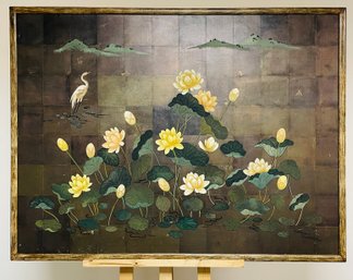 Large Signed Vintage Asian Lotus & Egret Painting