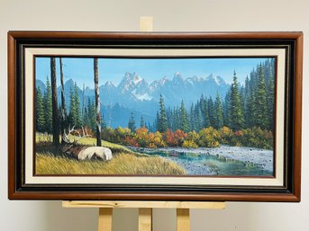 Large Original Painting On Canvas - Elk Landscape Scene - Signed Cummings