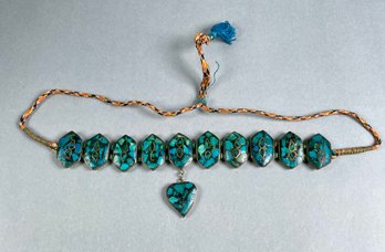 Brass & Turquoise Necklace With Cord Tie