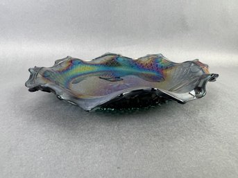 Blue/Gray Indiana Glass Iridescent Carnival Glass Small Dish With Ruffled Edges
