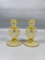 Pair Of Vintage Fostoria Topaz Candlesticks