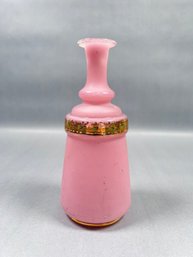 Hand Blown Pink Opaline Glass Bottle With Gold Painted Accent