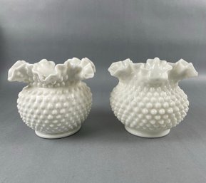 Vintage Pair Of White Milk Glass Hobnail Fluted Rim Vases