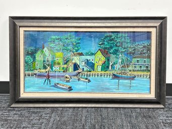 Painting Of A Coastal Town Scene With Boats Along A Dock By Stu Barrett 71