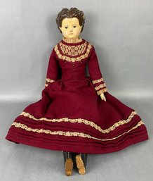 Vintage Composition And Wood Feet Doll With Burgundy Dress