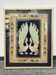 Vintage Burmese Kalaga Tapestry – Framed Peacock Embroidery