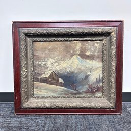 Antique Worn Original Winter Painting In Ornate Frame
