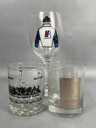 2 Long Acres Glasses And Hand Painted Jockey Wine Glass