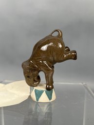 Vintage Hagen-Renaker Ceramic Figurine Depicts An Elephant Balancing On A Drum