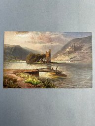 Vintage Postcard Features An Antique Landscape Painting Of Der Mäuseturm (The Mouse Tower)