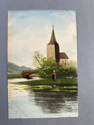 Vintage Postcard Painting Depicts A Rural Riverside Landscape With A Church Tower, A Small Bridge, And A Figur