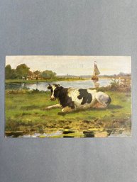 Vintage Edwardian-era Art Postcard Featuring A Pastoral Painting Of A Black-and-white Dairy Cow