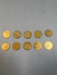 Circle & Octagonal California Fractional Gold Pieces For The Tourist Trade Set Of 10