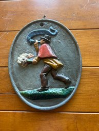 Vintage Cast Iron Fireman Sounding The Alarm Plaque