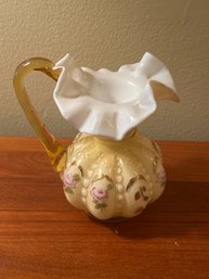 Vintage 6' Yellow/pink Floral Beaded Iridescent Pitcher Signed Dan And Randy Fenton
