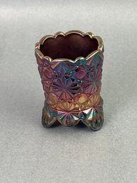 L E Smith Amethyst Daisy Button Carnival Glass Toothpick Holder
