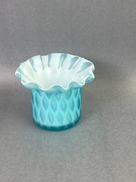 Antique Ruffled Blue Satin Art Glass Toothpick Holder