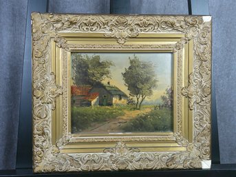 Vintage Oil On Board Painting Cottage On Dirt Road Signed