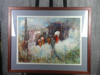 Watercolor Painting Of Chickens At Barn Signed