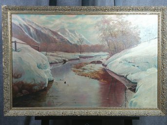 Vintage Oil On Canvas Painting Of Snowy Landscape River