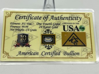 1/4 Grain 24kt Gold American Certified Bullion